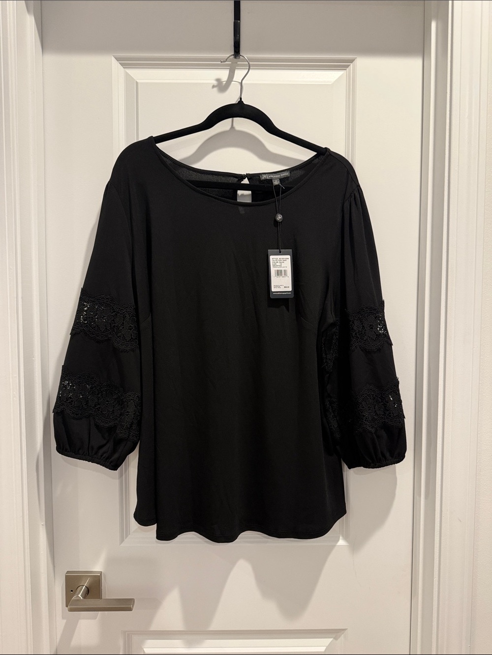 Adrianna Papell Black Lace-Inset Balloon Sleeve Top
